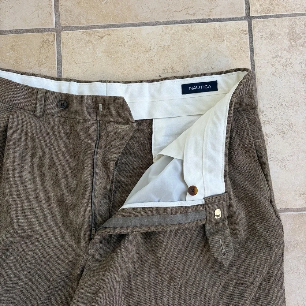 Nautica Pants Mens 38x30 Tan Brown Wool Tweed Pleated Cuffed Dress Trouser Retro